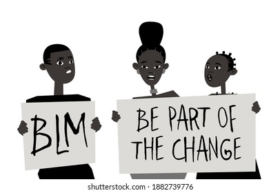 Young Black Character with Poster. Cartoon Style People and Black Lives Matter Protest Board. Isolated Person and Banner. Flat Illustration African American Face. Hand Drawn Vector Drawing