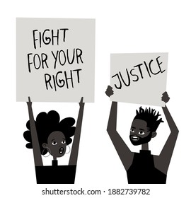 Young Black Character with Poster. Cartoon Style People and Black Lives Matter Protest Board. Isolated Person and Banner. Flat Illustration African American Face. Hand Drawn Vector Drawing