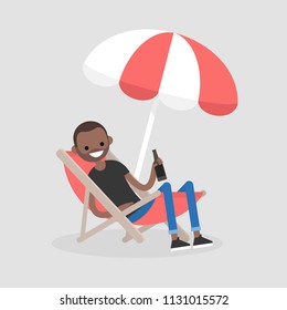 Young black character sitting in a chaise lounge under the beach umbrella  and drinking beer. Vacation. Summer. Weekend. Outdoor. Flat editable vector illustration, clip art