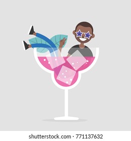 Young black character sitting in a huge glass with a cocktail. Night life concept. Flat editable vector illustration, clip art