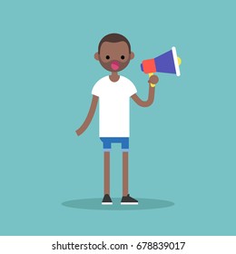Young black character speaking through megaphone / flat editable vector illustration, clip art