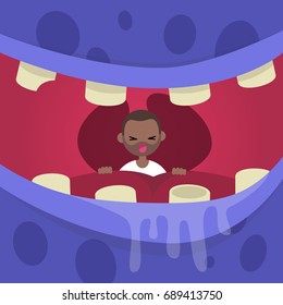 Young black character stuck in monster's throat calling for help / flat editable vector illustration, clip art