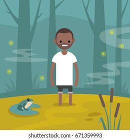 Young black character stuck in the swamp / flat editable vector illustration, clip art