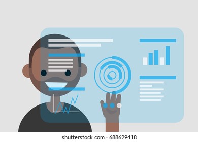 Young black character touching a blue transparent futuristic screen / flat editable vector illustration, clip art
