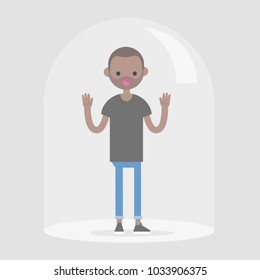 Young black character trapped under the glass dome calling for help. Flat editable vector illustration, clip art