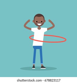 Young black character twirling a hoop around the waist / flat editable vector illustration, clip art