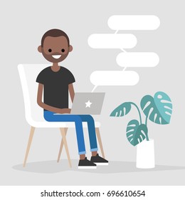 Young black character typing messages on a laptop. Remote communication. Modern lifestyle. Copy space. Flat editable vector illustration.