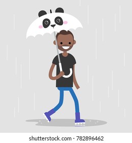 Young black character walking under an umbrella with a panda muzzle. Spring showers. Flat editable vector illustration, clip art