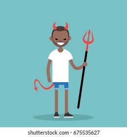 Young black character wearing devil elements: horns, tail and trident / flat editable vector illustration, clip art