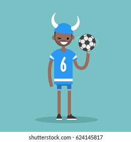 Young black character wearing football form spinning a ball / flat editable vector illustration, clip art