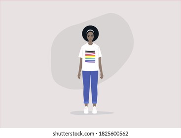 Young black character wearing a t-shirt with an LGBTQ flag with brown and black stripes