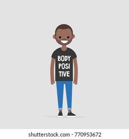 Young black character wearing a t-shirt with a "body positive" sign. Normal shape. Flat editable vector illustration, clip art