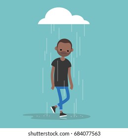 Young black character weeping in the rain / flat editable vector illustration, clip art