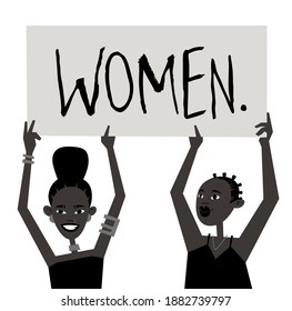 Young Black Character Woman with Poster. Cartoon Style Girls and Feminism Protest Board. Isolated Person and Banner. Flat Illustration African American Face. Hand Drawn Vector Drawing