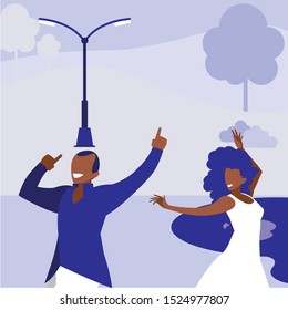 young black couple dancing in the park vector illustration design