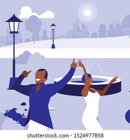 young black couple dancing in the park vector illustration design