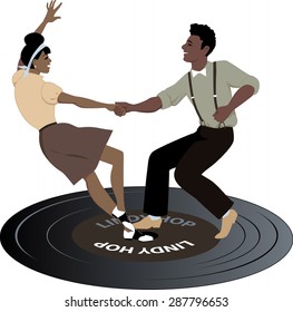 Young black couple dressed in late 1940s early 1950s fashion dancing lindy hop on a vinyl record, vintage color palette, no transparencies, EPS 8