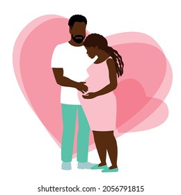 Young black couple expecting a baby. Embrace of a beloved pregnant woman. Happy couple of spouses. Pink heart on the background. Vector illustration. EPS10