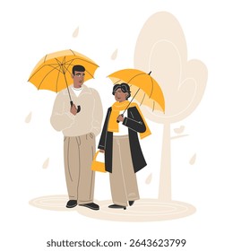 Young Black Couple Walking in the Rain with Umbrella in Autumn Park Wearing Casual Business Outfits Flat Style Illustration