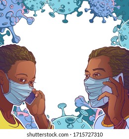 Young Black couple wearing medical protection face masks and speaking on the phone. Social distancing as a protection against covid-19. Decorative background with coronaviris virions. EPS10 vector