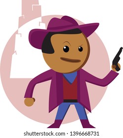 Young black cowboy in hat with a revolver. Vector character