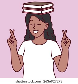 Young black dark brown skinned Happy girl with long dark hair balancing a stack of books on her head while showing peace signs, symbolizing confidence, joy, and education