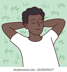 Young black dark skinned man lies back with eyes closed and hands behind head on grass. Depicts relaxation, peaceful rest, and stress relief in outdoor setting
