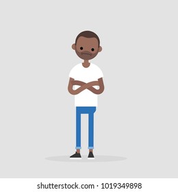 Young black doubting character standing with crossed arms and tilting head. Negative emotions. Concern. / flat editable vector illustration