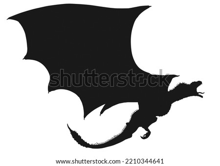 Young Black Dragon Silhouette flying and roaring Vector