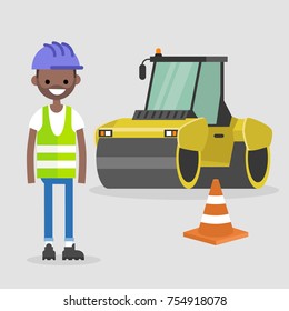 Young black engineer wearing hard hat and reflecting vest. Asphalt paving works. Industrial illustration. Yellow steamroller and orange cone. Flat vector illustration, clip art. 