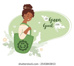 Jovem mulher negra étnica segurando sacola de compras reutilizável promovendo consciência ambiental e estilo de vida sustentável. Promoção de escolhas e responsabilidades ecologicamente corretas. Ilustração vetorial