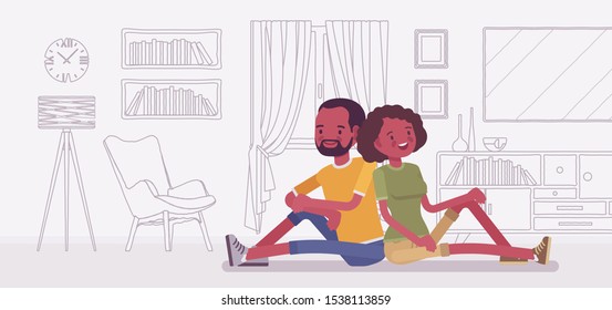 Young black family dreaming of own house. Man, woman sitting in imaginable line drawing image of a new future flat, room vision with interior details, furniture. Vector flat style cartoon illustration