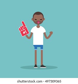 Young black fan wearing foam finger / flat editable vector illustration