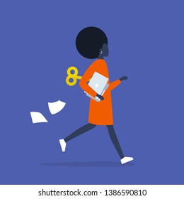 Young black female active character running with a clockwork mechanism. Efficiency at work, conceptual illustration. Flat editable vector illustration, clip art