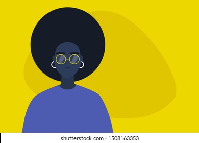 Young black female adult portrait. Your text here. Copy space. Flat editable vector illustration, clip art. Millennial lifestyle.