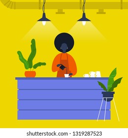 Young black female barista pouring coffee at the bar counter. Cafe. Loft interior. Modern lifestyle. Flat editable vector illustration, clip art