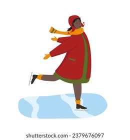 Young black female cartoon character ice skating. African-American woman wearing winter clothes and ice skates enjoying outdoor seasonal hobby activity. Diversity concept, flat vector illustration