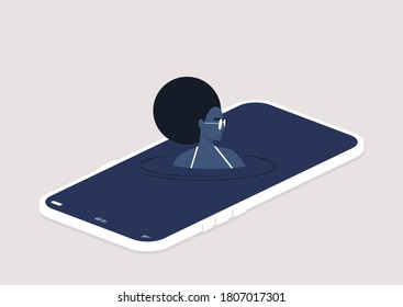 Young black female character addicted to social media swimming on their smart phone screen, virtual vacation, digital escape concept