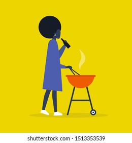 Young black female character cooking dinner on the BBQ and drinking a beer. Outdoor leisure. Barbecue. Flat editable vector illustration, clip art