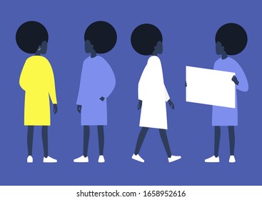 Young black female character design set, different poses - rear view, front view, walking and holding a poster