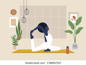 Young black female character doing stretching exercises, mindfulness and meditation,  yoga studio