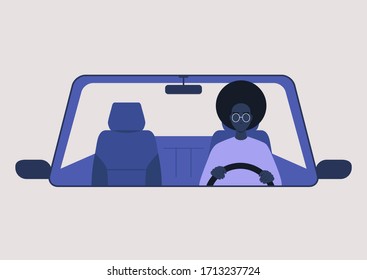 Young Black Female Character Driving A Car, Millennial Lifestyle