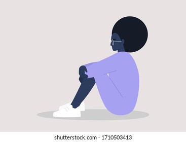 Young black female character embracing their knees, emotional stress, mental health