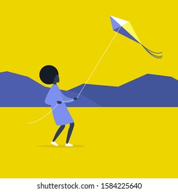 Young black female character flying a kite outdoor, leisure pursuit