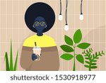 Young black female character holding a cup of boba bubble tea to take away in a modern hipster interior with plants and tile pattern