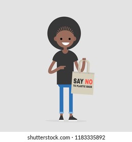 Young black female character holding a canvas tote. Eco friendly behaviour. Eco bag. Shopper. Flat editable vector illustration, clip art