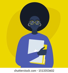 Young black female character holding a laptop and a folder with documents. Student. Project manager. Young adult. Millennial lifestyle. Flat editable vector illustration, clip art