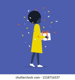 Young black female character holding a gift box. A Birthday party. Anniversary. Celebration. Flat editable vector illustration, clip art