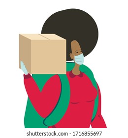A young black female character holding a cardboard box, delivery service, courier. An African American courier is holding a box