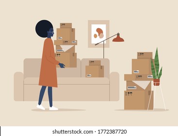 Young black female character holding cardboard boxes, moving to a new apartment, relocation, home interior